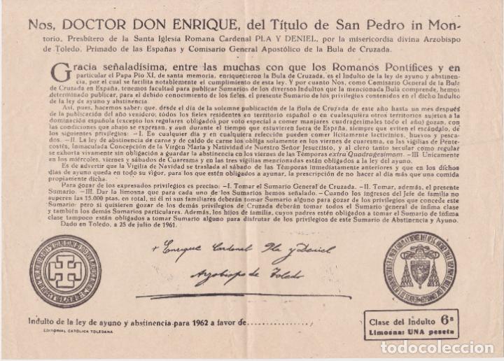 Sammelleidenschaft Papier: ARZOBISPO DE TOLEDO D.ENRIQUE CARDENAL PLA Y DENIEL &ndash; INDULTO LEY DE AYUNO Y ABSTINENCIA 1962