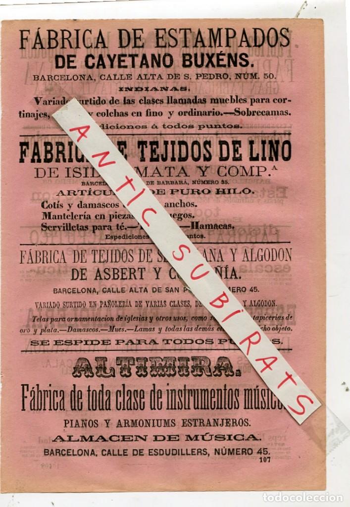 Coleccionismo: HOJA PUBICIDAD A&Ntilde;O 1864 ESTAMPADOS CAYETANO BUXENS IDIANAS LINO ISIDRO MATA ASBERT PIANOS ALTAMIRA