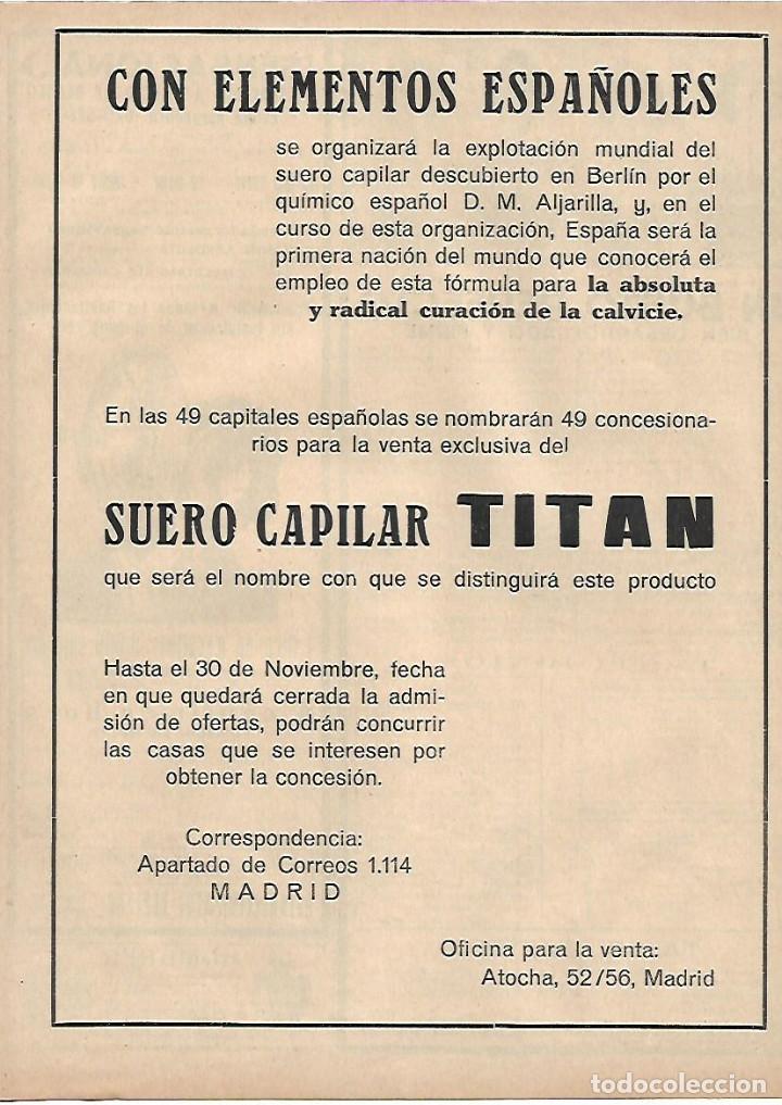 Collectionnisme: A&Ntilde;O 1924 RECORTE PRENSA PUBLICIDAD SUERO CAPILAR TITAN ALJARILLA CURACION CALVICIE