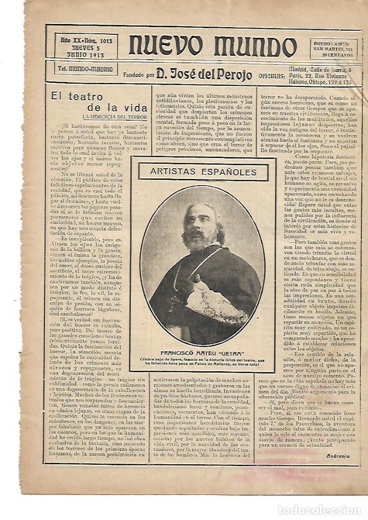 Coleccionismo: A&Ntilde;O 1913 RECORTE PRENSA FRANCISCO MATEU NICOLAU UETAM CANTANTE OPERA ARTISTA NOTICIA DE SU MUERTE