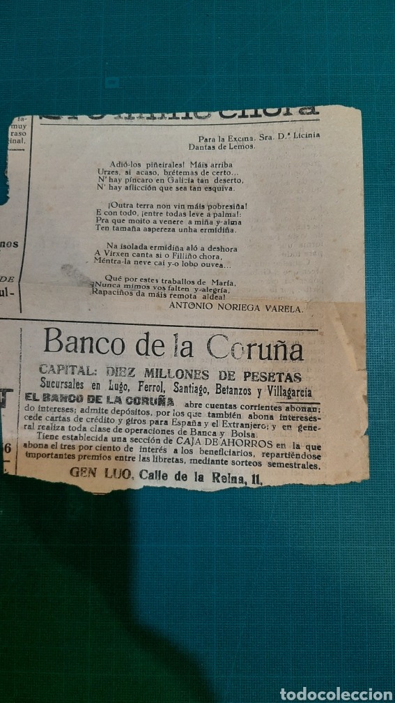 Colecionismo: RECORTE PERIODICO BANCO CORU&Ntilde;A Y POESIA SRA LICINIA DANTAS DE LEMOS