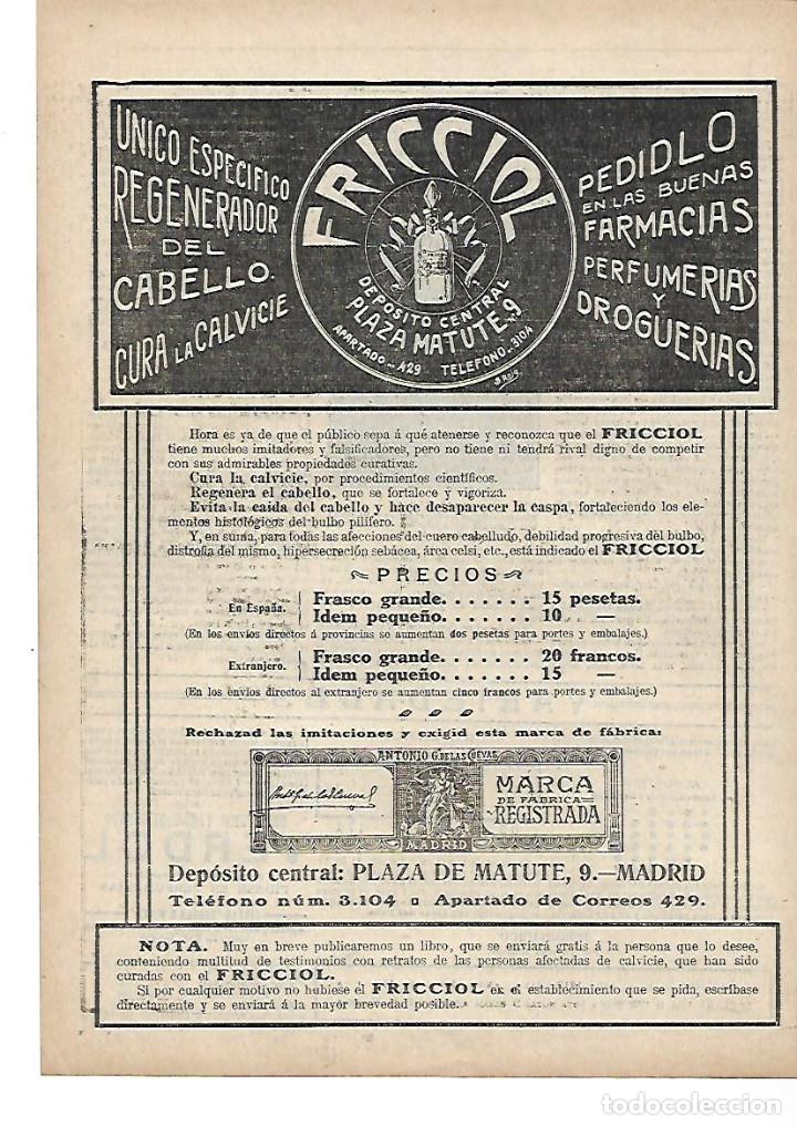 Coleccionismo: A&Ntilde;O 1912 RECORTE PRENSA PUBLICIDAD FRICCIOL PRODUCTOS FARMACEUTICOS CALVICIE ANTONIO G DE LAS CUEVAS