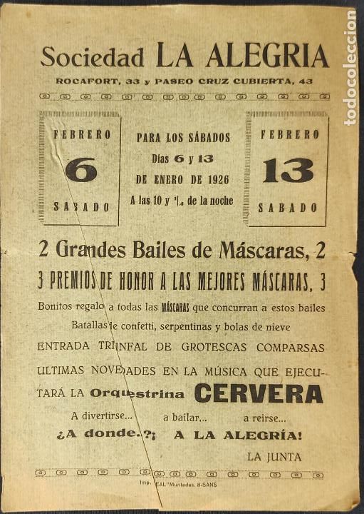 Coleccionismo: 1926 - SOCIEDAD LA ALEGRIA - BAILES MASCARAS - ORQUESTRINA CERVERA -