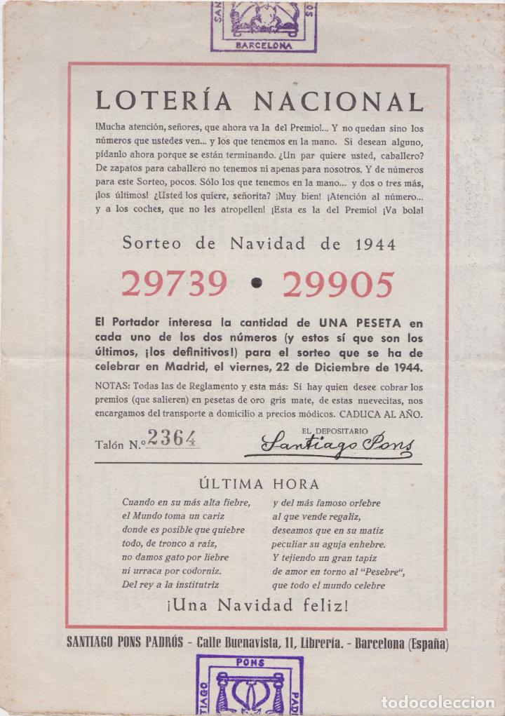 Collectionnisme: LOTERIA DE NAVIDAD 1944 &ndash; PARTICIPACIONES DEL LIBRERO SANTIAGO PONS PADR&Oacute;S