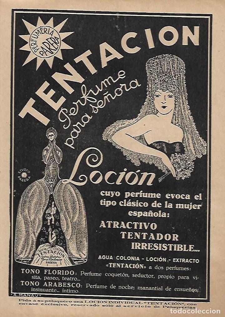 Collectionnisme: A&Ntilde;O 1929 RECORTE PRENSA PUBLICIDAD LOCION PERFUME TENTACION PERFUMERIA PARERA BADALONA