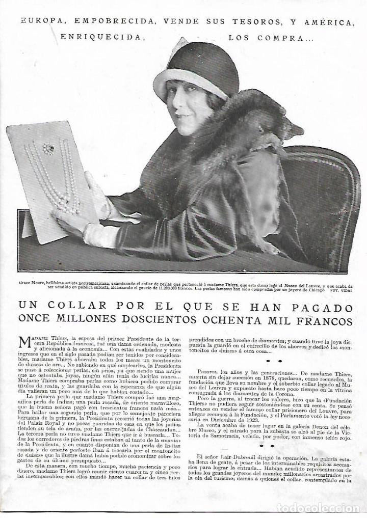 Collecting paper: A&Ntilde;O 1924 RECORTE PRENSA COLLAR PERLAS GRACE MOORE MADAME THIERS LOUVRE VENDIDO POR 11280000 FRANCOS