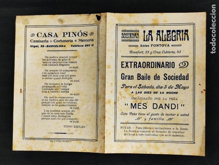 Coleccionismo: A&Ntilde;OS 20 - SOCIEDAD LA ALEGRIA - GRAN BAILE DE SOCIEDAD PARA CELEBRAR LA INAUGURACION DE LA PE&Ntilde;A