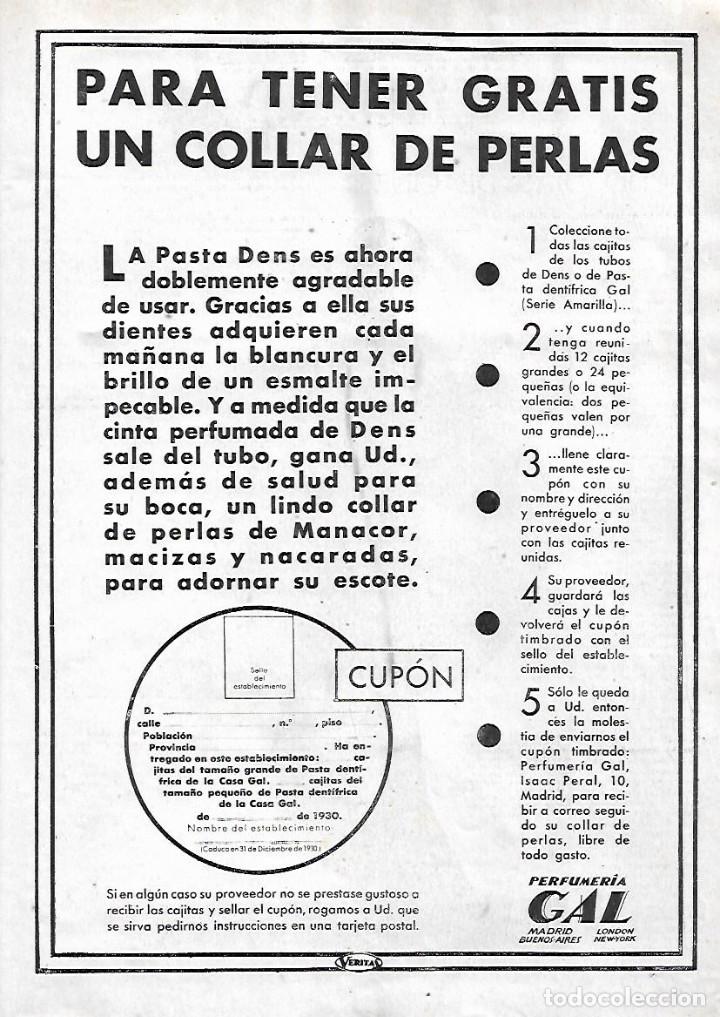 Collectionnisme: A&Ntilde;O 1930 RECORTE PRENSA PUBLICIDAD PASTA DENS CONCURSO COLLAR PERLAS MANACOR PERFUMERIA GAL
