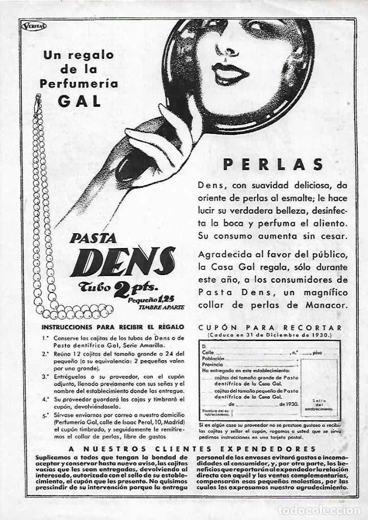Coleccionismo: A&Ntilde;O 1930 RECORTE PRENSA PUBLICIDAD PASTA DENS CONCURSO COLLAR PERLAS MANACOR PERFUMERIA GAL