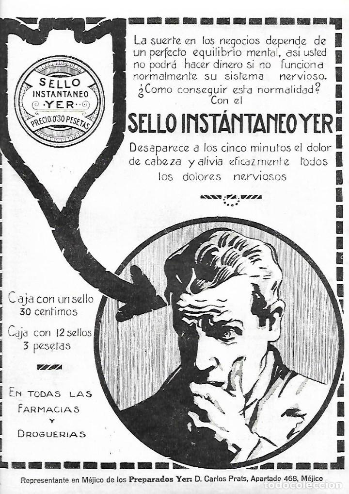 Coleccionismo: A&Ntilde;O 1919 RECORTE PRENSA PUBLICIDAD SELLO INSTANTANEO YER CALMANTE DOLOR CARLOS PRATS FARMACIA