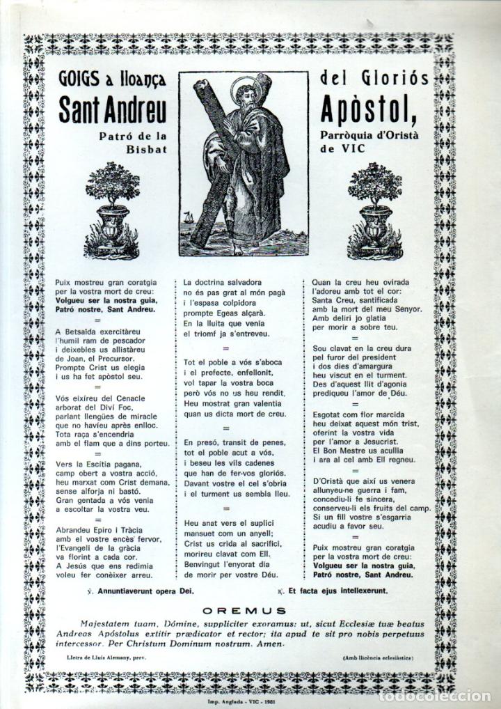 Collectionnisme: GOIGS DE SANT ANDREU AP&Ograve;STOL - ORIST&Agrave; (IMP. ANGLADA, VIC, 1981)