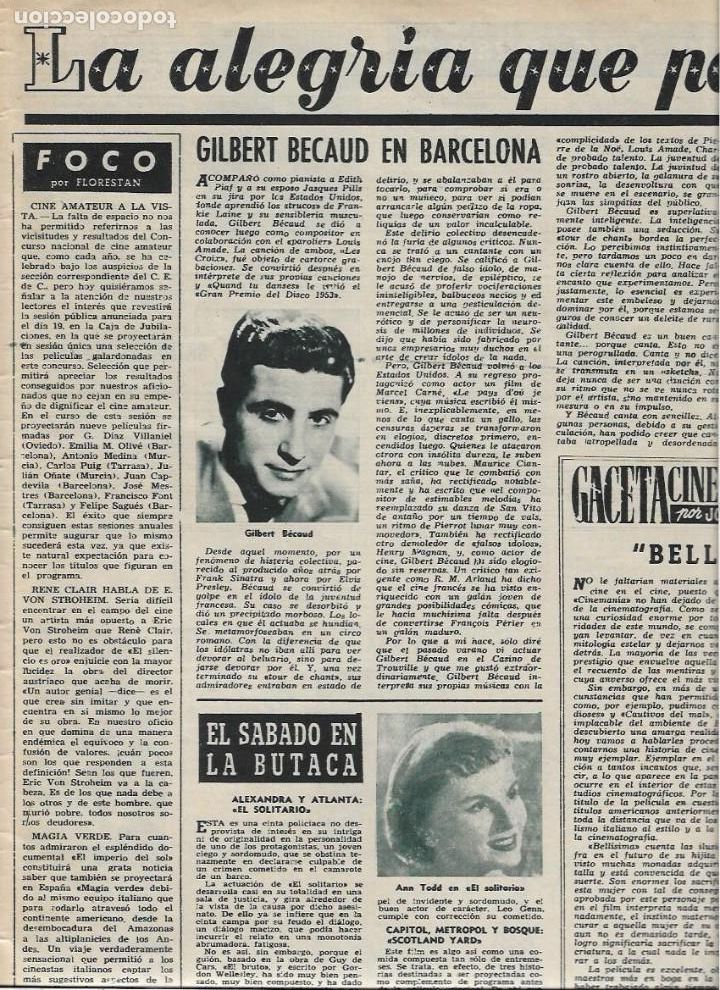 Coleccionismo: A&Ntilde;O 1957 RECORTE PRENSA MUSICA GILBERT BECAUD EN BARCELONA