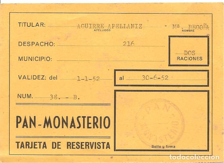Coleccionismo: TARJETA DE RESERVISTA, PAN MONASTERIO-BILBAO, 1952, DOS RACIONES