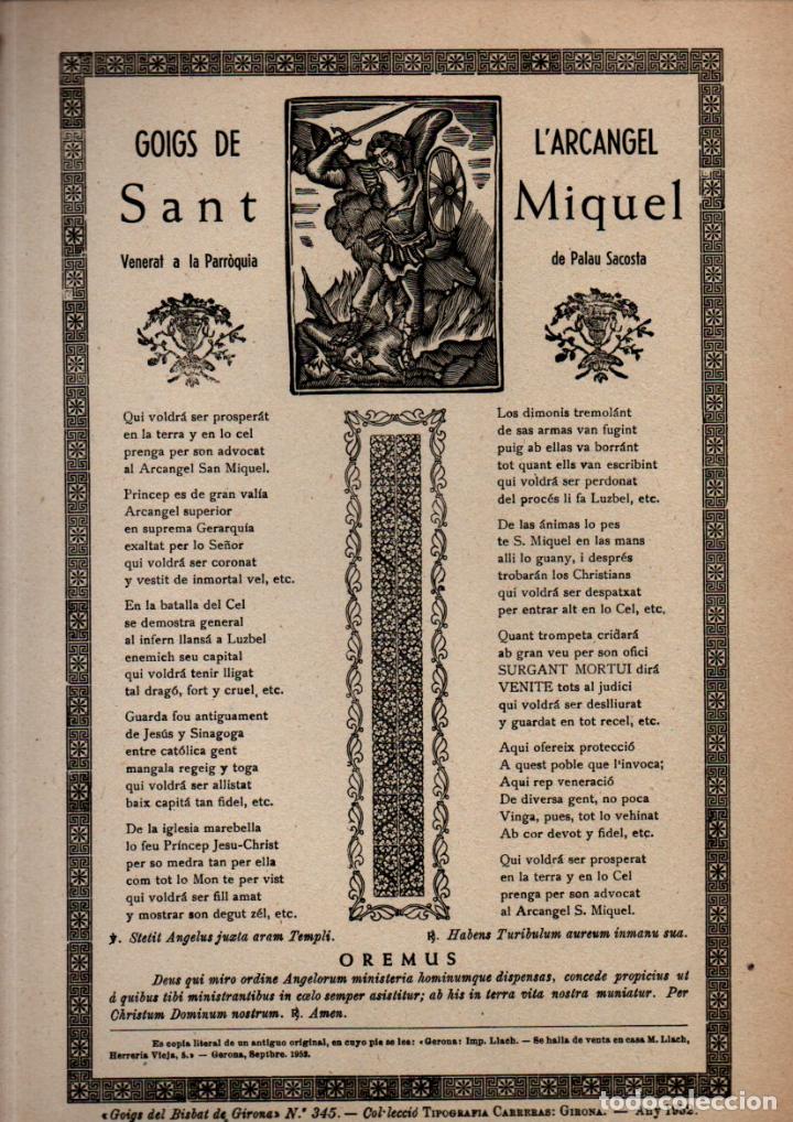 Collezionismo: GOIGS A L'ARC&Agrave;NGEL SANT MIQUEL - PALAU SACOSTA (IMP. CARRERAS, 1952)
