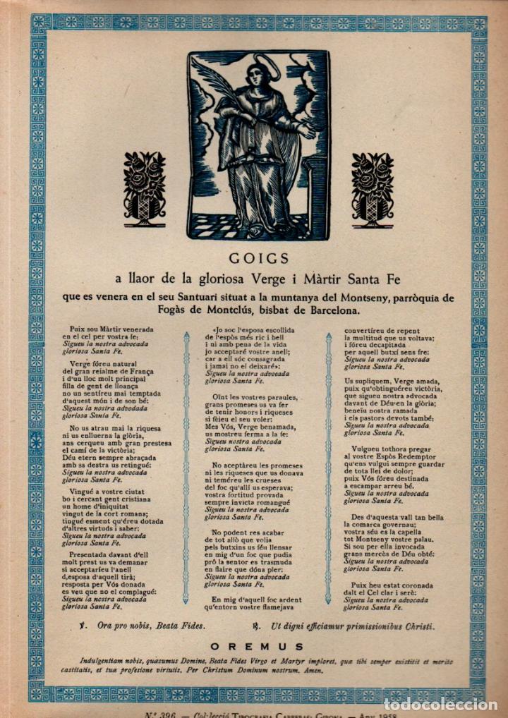 Collezionismo: GOIGS DE LA VERGE I M&Agrave;RTIR SANTA FE DEL MONTSENY - FOGARS DE MONCL&Uacute;S (1958)