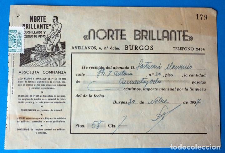 Collectionnisme: ANTIGUA FACTURA. EL NORTE BRILLANTE. ACUCHILLADO Y BARNIZADO. BURGOS. A&Ntilde;O 1957
