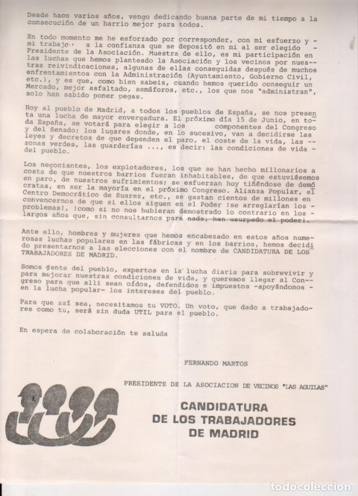 CANDIDATURA DE LOS TRABAJADORES DE MADRID - ELECCIONES AL CONGRESO - 1977 - TRANSICIÓN ESPAÑOLA (Coleccionismo - Laminas, Programas y Otros Documentos)