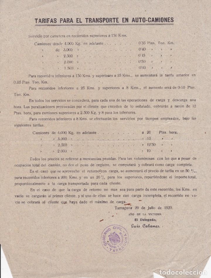 Coleccionismo: tarifas transporte Auto-Camiones Tarragona 1939 A&ntilde;o de la VIctoria