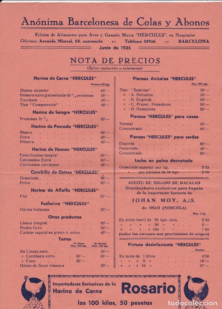 Coleccionismo: propaganda An&oacute;nima Barcelonesa de Colas y Abonos Barcelona 1935 lista de precios