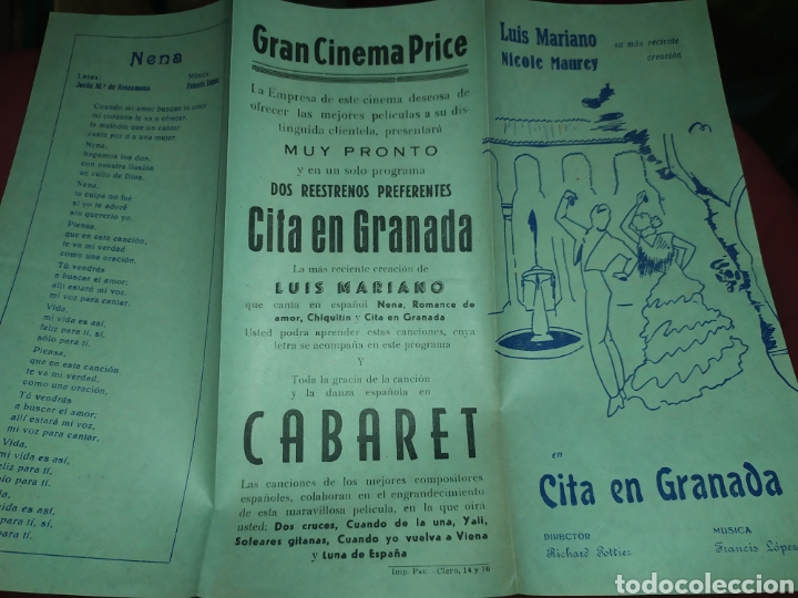 Coleccionismo: GRAN CINEMA PRICE CITA EN GRANADA CABARET ROMANCE DE AMOR NENA CHIQUIT&Iacute;N LUIS MARIANO