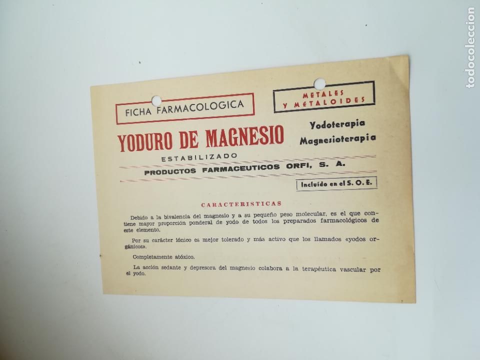 Coleccionismo: PUBLICIDAD DE FARMACIA. FICHA FARMACOLOGICA. YODURO DE MAGNESIO. ORFI. BARCELONA
