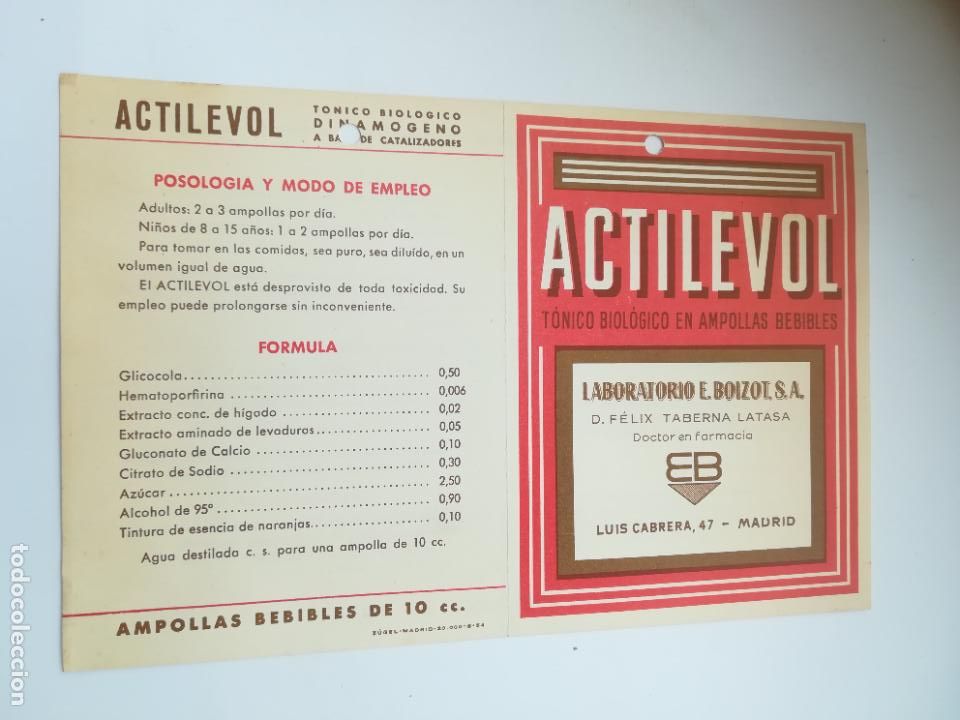Coleccionismo: PUBLICIDAD DE FARMACIA. ACTILEVOL. TONICO BIOLOGICO. LABORATORIO E.BOIZOT SA. VER DORSO