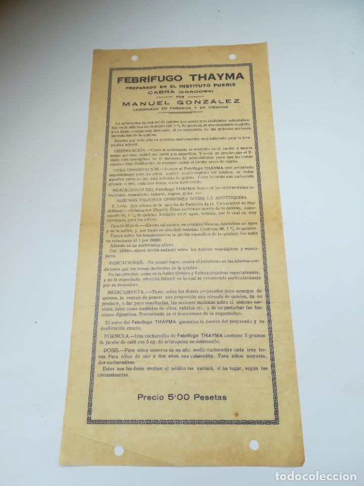 Coleccionismo: PUBLICIDAD DE FARMACIA. FEBRIFUGO THAYMA. PREPARADO EN CABRA, CORDOBA. MANUEL GONZALEZ-MENESES.