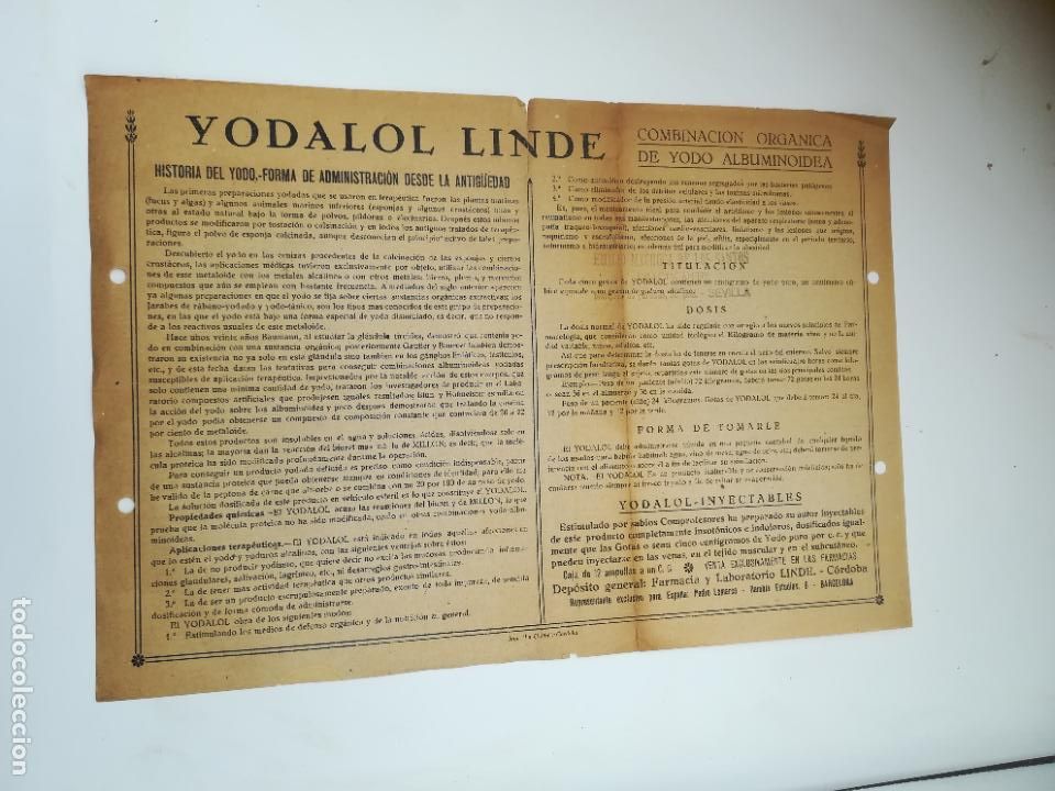 Coleccionismo: PUBLICIDAD DE FARMACIA. YODAYOL LINDE. HISTORIA, TITULACI&Oacute;N, DOSIS. VER