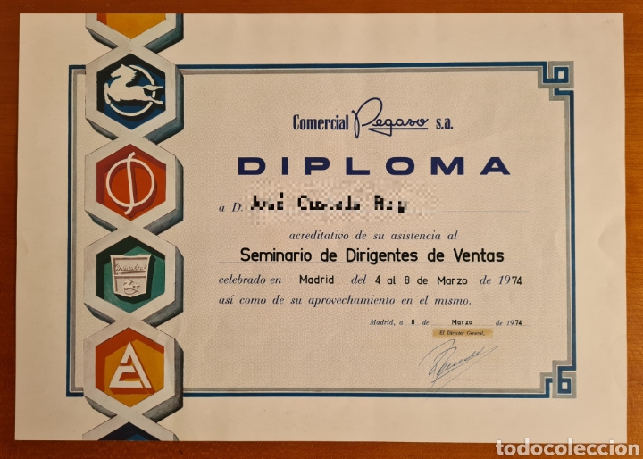 Coleccionismo: Diploma Comercial Pegaso SA Seminario de Dirigentes de Ventas a&ntilde;o 1974 - Motor Cami&oacute;n