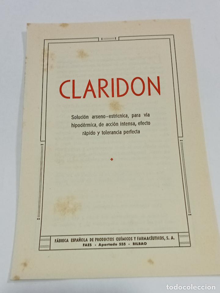 Coleccionismo: PUBLICIDAD DE FARMACIA. CLARIDON. QUIMICOS Y FARMACEUTICOS, BILBAO. INFORMACION, DOSIS. VER