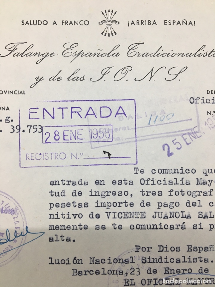 Coleccionismo: 1958. NOTIFICACI&Oacute;N AFILIADO ALTA. FALANGE