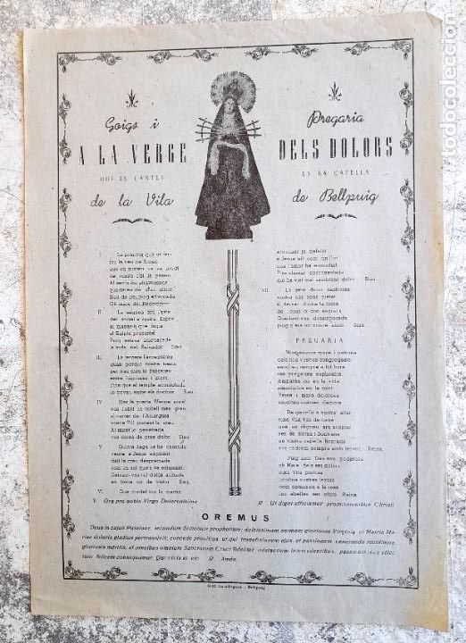 Coleccionismo: 50/60&acute;s. ca. Goigs i Pregaria a la Verge dels Dolors es Canten en sa Capella de la Vila de Bellpuig