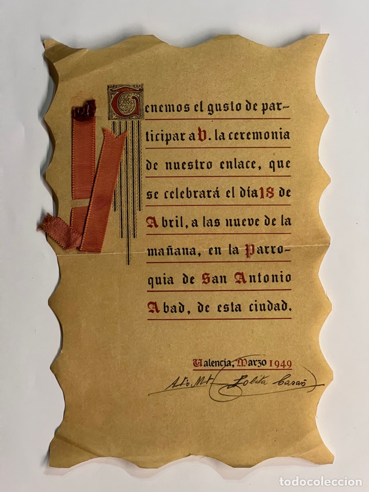 Coleccionismo: VALENCIA. Invitaci&oacute;n de Bodas&hellip;. Papel Pergamino&hellip; Parroquia de San Antonio Abad (a.1949)