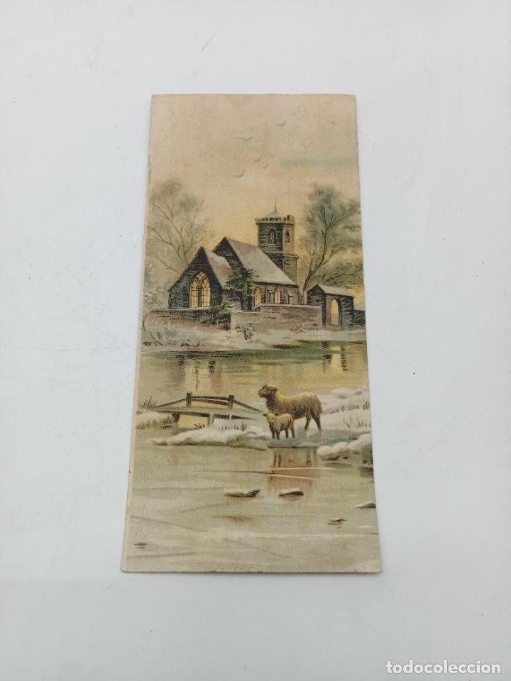 Coleccionismo: ANTIGUA LAMINA. IMAGEN DE PAISAJE NEVADO CERCA DE R&Iacute;O RODEADO DE VEGTACION Y OVEJAS. 8 X 18