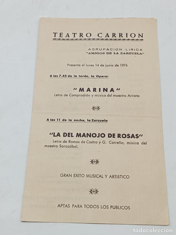 Coleccionismo: REPARTO. TEATRO CARRION. AGRUPACI&Oacute;N AMIGOS DE LA ZARZUELA. 1976. MARINA Y LA DEL MANOJO DE ROSAS