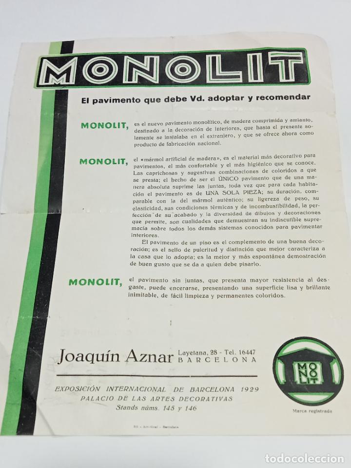 Sammelleidenschaft Papier: PUBLICIDAD. MONOLIT. PAVIMENTO MONOLITICO. JOAQUIN AZNAR, BARCELONA. 1929