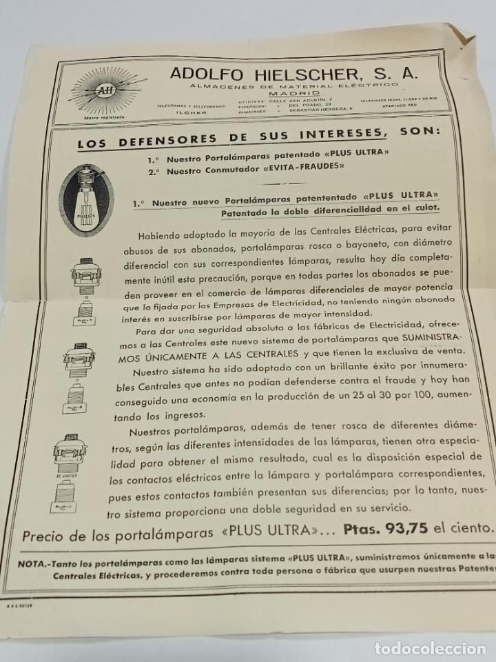 Sammelleidenschaft Papier: PUBLICIDAD. ADOLFO HIELSCHER S.A. MATERIAL ELECTRICO. MADRID. PORTALAMPARA Y CONMUTADOR