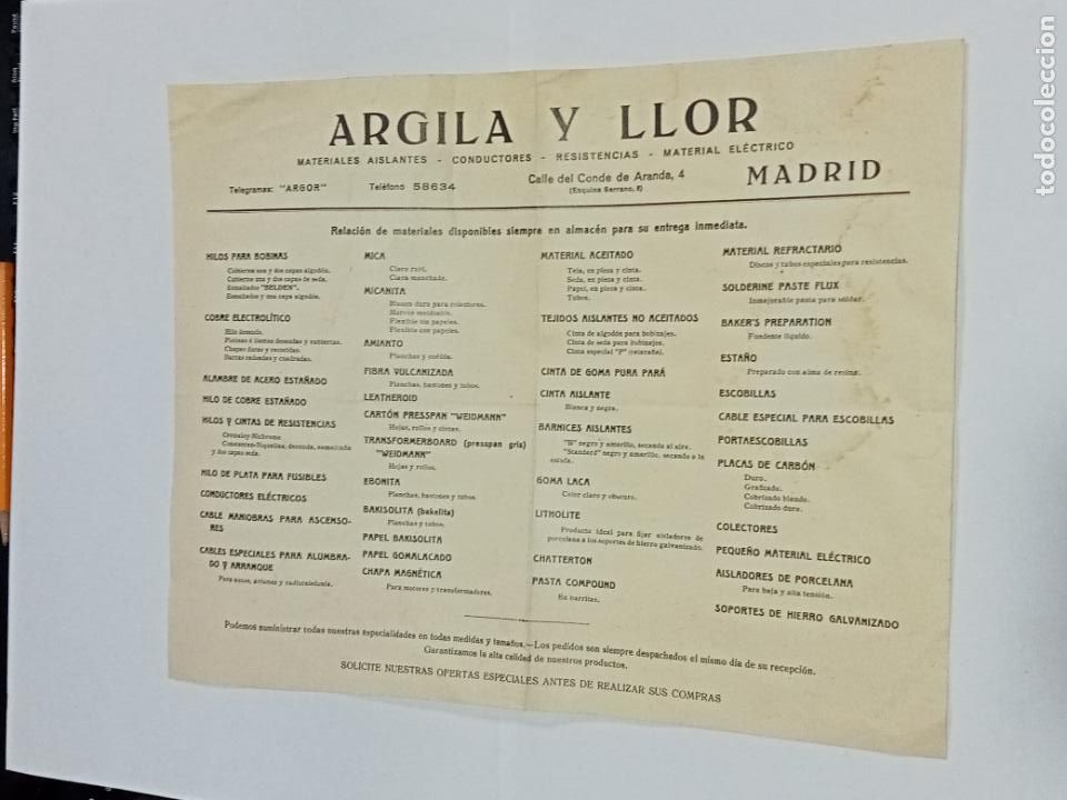 Sammelleidenschaft Papier: PUBLICIDAD. ARGILA Y LLOR. MATERIALES AISLANTES, CONDUCTORES. MADRID. VER