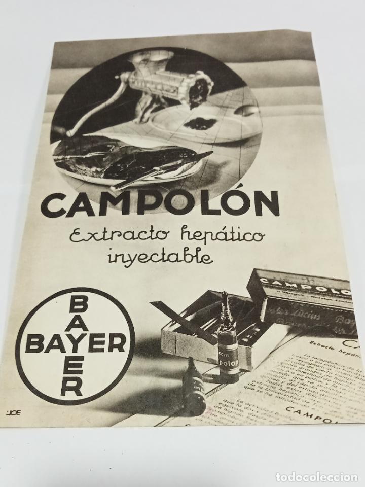 Sammelleidenschaft Papier: PUBLICIDAD FARMACIA. BAYER. CAMPOLON. EXTRACTO HEPATICO INYECTABLE. HERIDAS. VER