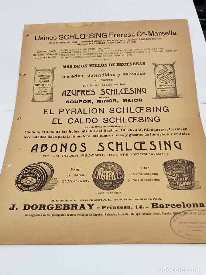 Sammelleidenschaft Papier: PUBLICIDAD. USINES SCHLOESING FRERES & CIE. MARSELLA. ABONOS SCHLOESING. J.DORGEBRAY, BARCELONA