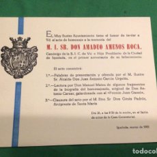 Coleccionismo: INVITACIÓN ACTO HOMENAJE AL SACERDOTE AMADEO AMENOS ROCA -IGUALADA AÑO 1965