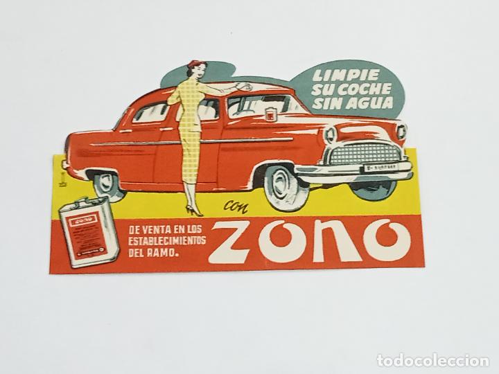 Coleccionismo: PUBLICIDAD TROQUELADA. LIMPIE SU COCHE SIN AGUA CON ZONO. 14 X 9 CM. VER DORSO