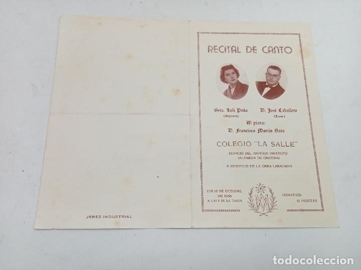 Coleccionismo: PROGRAMA. RECITAL DE CANTO. COLEGIO LA SALLE. 1956. BENEFICIO DE LA OBRA LASALIANA. JEREZ