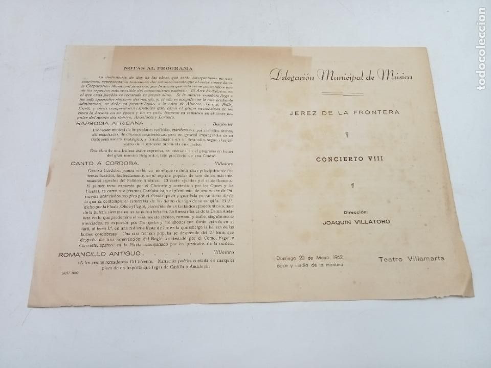 Coleccionismo: PROGRAMA. CONCIERTO. JEREZ DE LA FRONTERA. CONCIERTO VIII. 1962. TEATRO VILLAMARTA.