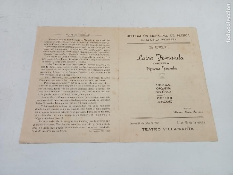 Coleccionismo: PROGRAMA. DELEGACI&Oacute;N MUNICIPAL DE M&Uacute;SICA. JEREZ. LUISA FERNANDA ZARZUELA. 1958. TEATRO VILLAMARTA