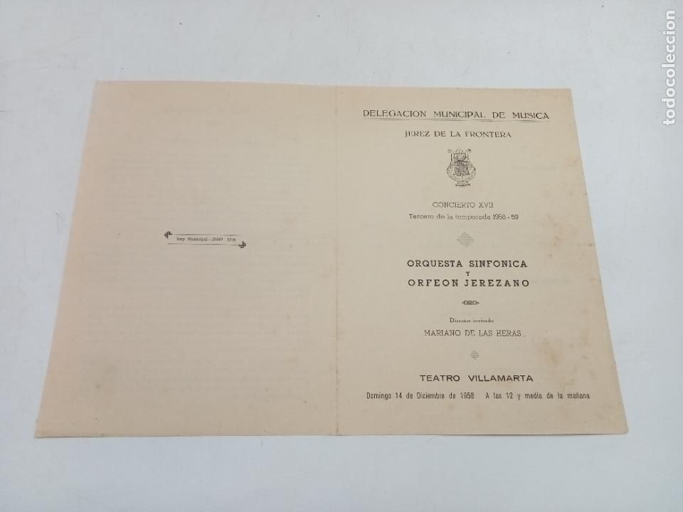 Coleccionismo: PROGRAMA. DELEGACI&Oacute;N MUNICIPAL DE M&Uacute;SICA. CONCIERTO XVII. 1959. ORQUESTA Y ORFE&Oacute;N JEREZANO