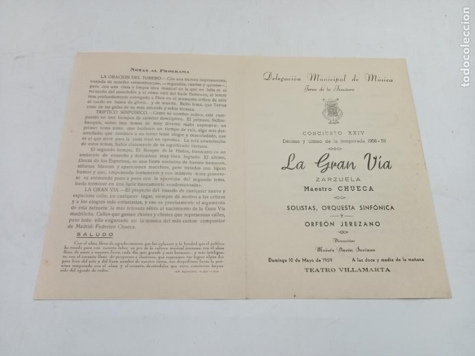 Coleccionismo: PROGRAMA. DELEGACI&Oacute;N MUNICIPAL DE M&Uacute;SICA. JEREZ DE LA FRONTERA. CONCIERTO XXIV. 1959. LA GRAN VIA.