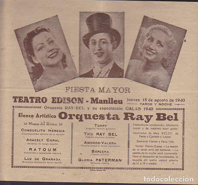 Coleccionismo: PROGRAMA TEATRO EDISON DE MALLEU 15-8-1940 - Foto 1