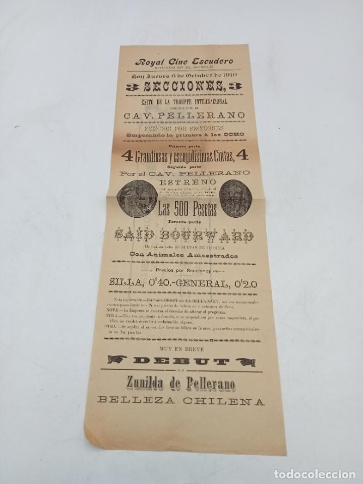 Collecting paper: CARTEL. ROYAL CINE ESCUDERO. 1910. MUELLE C&Aacute;DIZ. 3 SECCIONES. CON PRECIOS. VER PUBLICIDAD DORSO