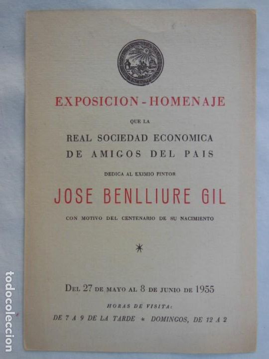 Colecionismo: ANTIGUO PROGRAMA - OLD PROGRAM: EXPOSICI&Oacute;N HOMENAJE A JOS&Eacute; BENLLIURE GIL 1955